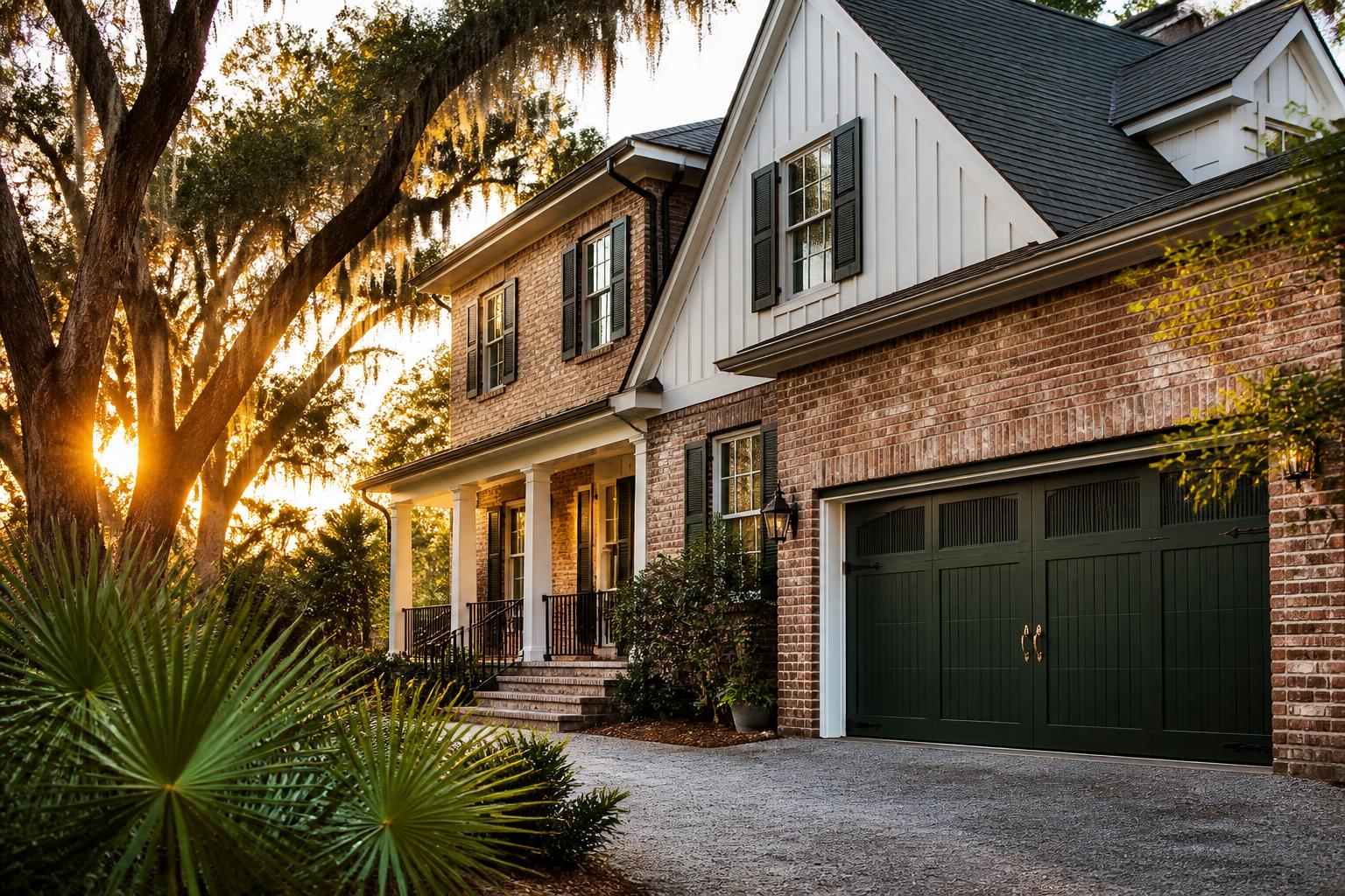 Lowcountry Goose Creek, SC home with a forest-green carriage-style garage door at golden hour